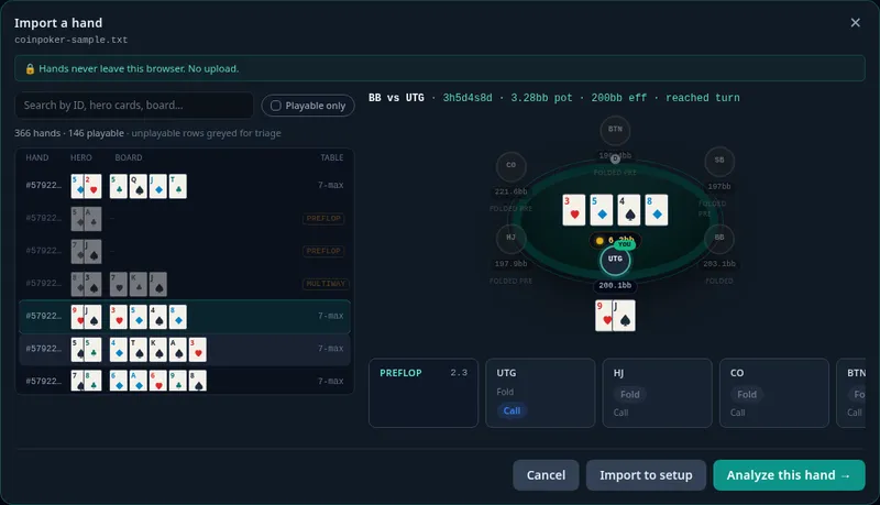 Import dialog: a CoinPoker hand-history file with 366 hands, playable hands listed, and the note that hands never leave the browser